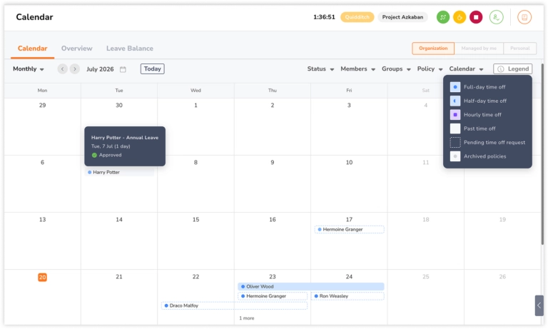 Time off calendar
